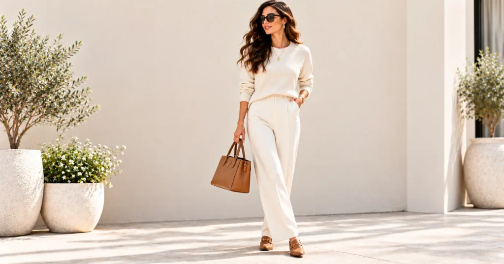 12 Effortless Day Looks: The Ultimate Guide to Chic Everyday Style 7 Minimalist monochrome neutral Day Looks with cream knitwear and tailored trousers