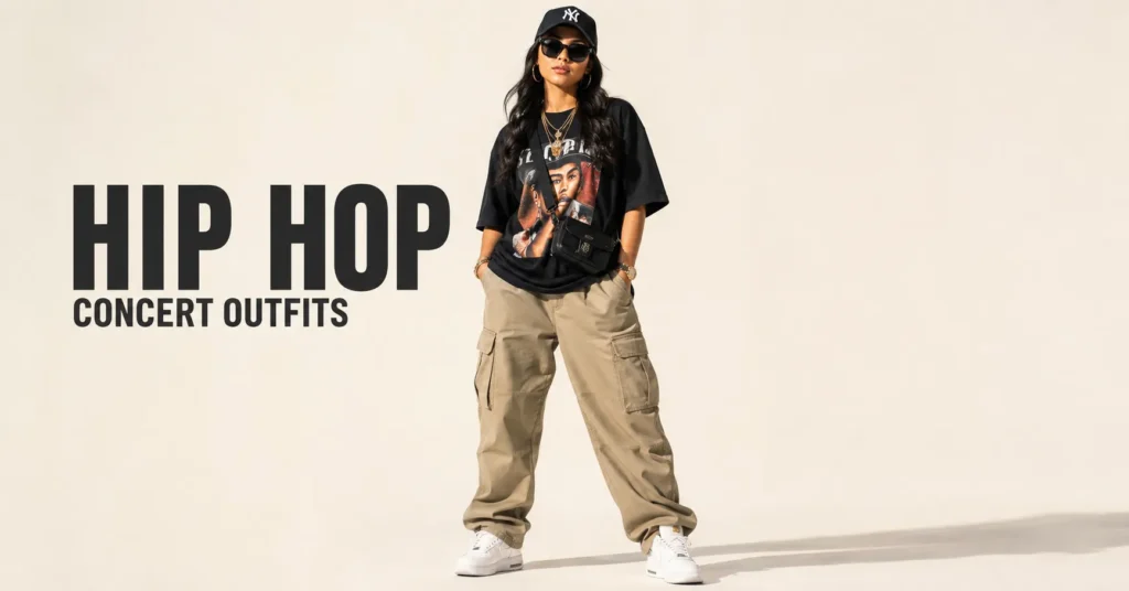 Hip Hop Concert Outfits: What to Wear for Style, Comfort, and Unforgettable Vibes 3 Classic streetwear Hip Hop Concert Outfits with oversized graphic tee and cargo pants.