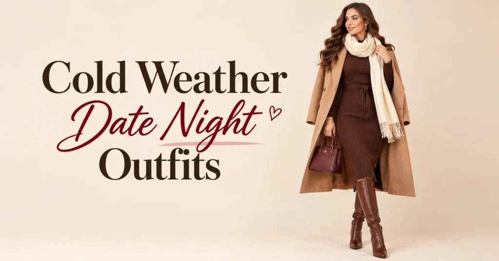12 Stunning Cold Weather Date Night Outfits for Cozy, Chic Evenings 3 Cold Weather Date Night Outfits featuring a chocolate-brown knit dress, camel coat, and knee-high boots.