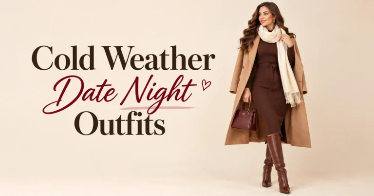 Cold Weather Date Night Outfits featuring a chocolate-brown knit dress, camel coat, and knee-high boots.