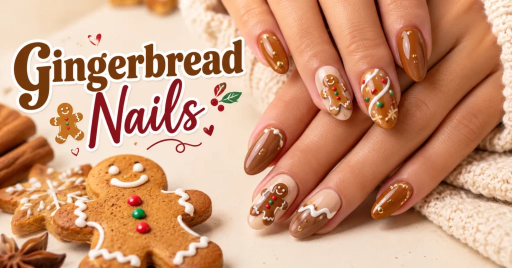 Gingerbread Nails featuring brown cookie designs, white icing details, and festive candy accents