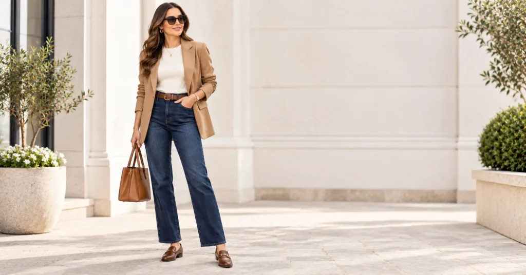 10 Dark Wash Jeans Outfit Ideas for a Chic and Effortless Look 4 Dark Wash Jeans with tailored blazer business casual outfit