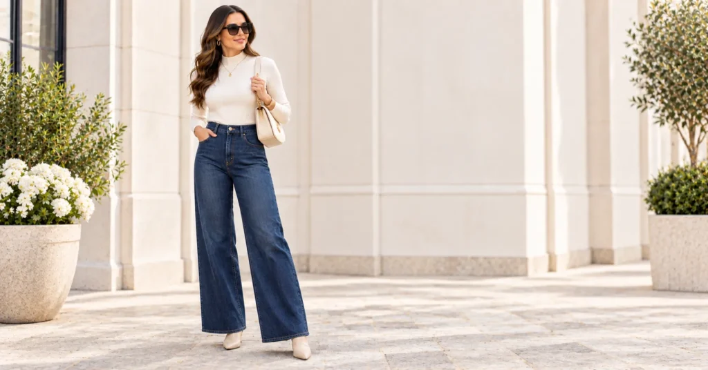10 Dark Wash Jeans Outfit Ideas for a Chic and Effortless Look 5 Dark Wash Jeans wide-leg outfit with fitted knit top