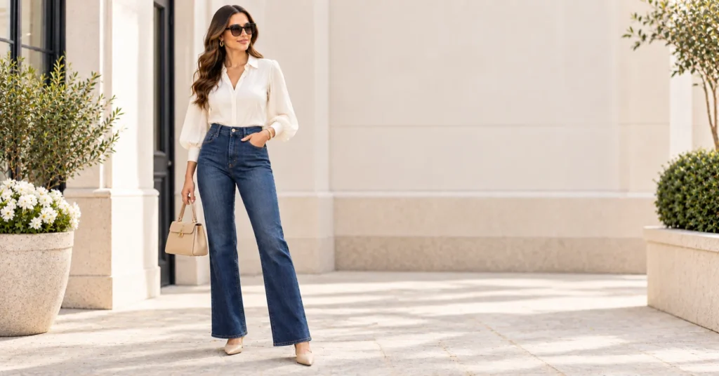 10 Dark Wash Jeans Outfit Ideas for a Chic and Effortless Look 6 Dark Wash Jeans bootcut outfit with feminine blouse