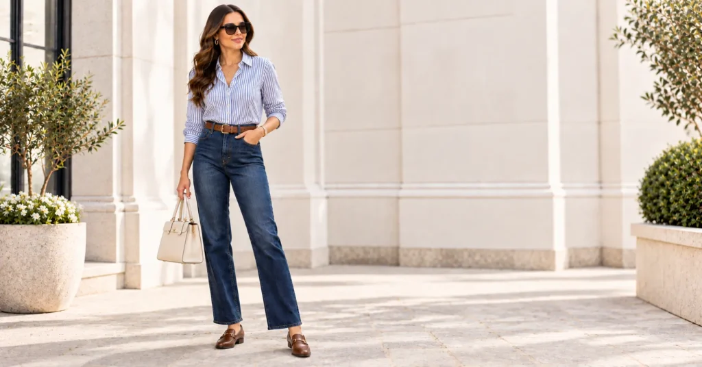 10 Dark Wash Jeans Outfit Ideas for a Chic and Effortless Look 9 Dark Wash Jeans with striped shirt and loafers