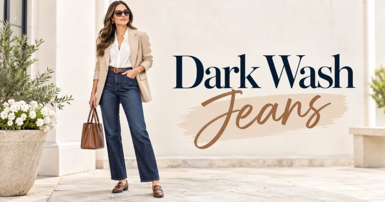 Dark Wash Jeans outfit with ivory blouse and tailored blazer