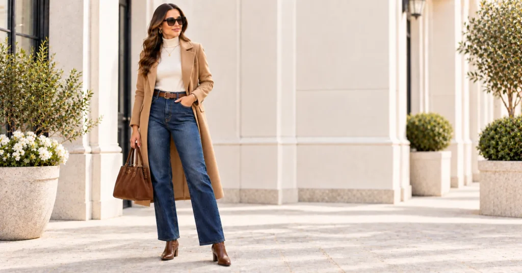 10 Dark Wash Jeans Outfit Ideas for a Chic and Effortless Look 10 Dark Wash Jeans with camel coat winter outfit