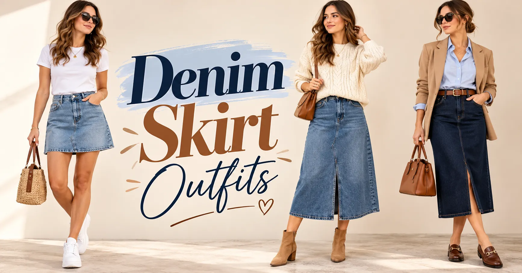 Home 10 Denim Skirt Outfits featuring a white tee and sneakers, a cozy knit sweater with ankle boots, and a polished blazer with a denim midi skirt.