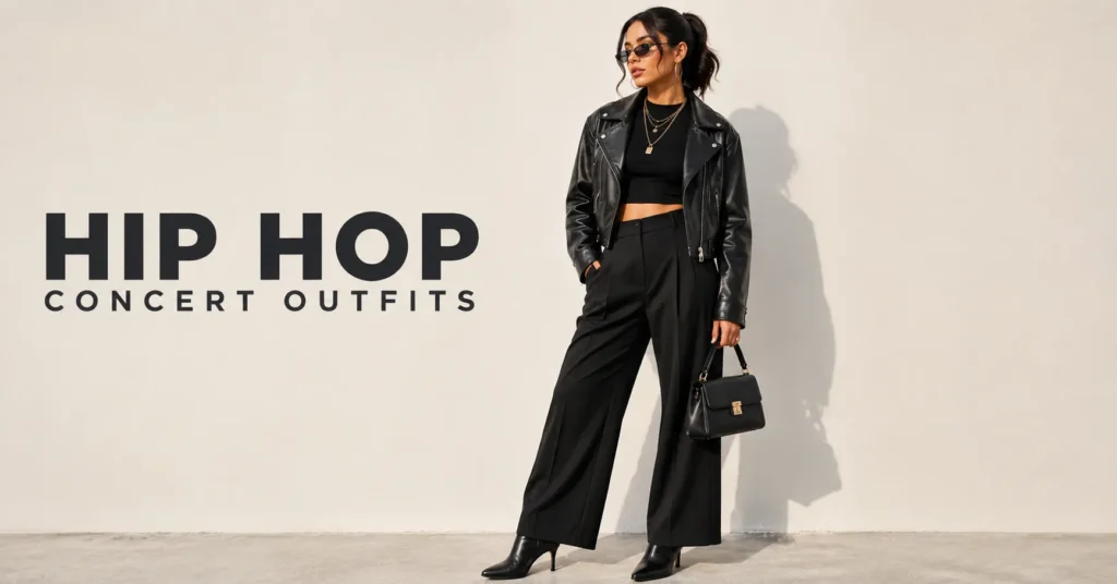 Hip Hop Concert Outfits: What to Wear for Style, Comfort, and Unforgettable Vibes 5 Edgy Hip Hop Concert Outfits featuring a faux leather jacket and wide-leg trousers.