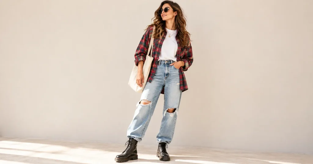 12 Stunning Indie Outfits That Will Instantly Transform Your Style 3 Indie Outfits classic grunge flannel layer with ripped jeans and combat boots.