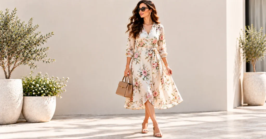 12 Effortless Day Looks: The Ultimate Guide to Chic Everyday Style 11 Feminine polished Day Looks featuring a floral wrap dress and block heels