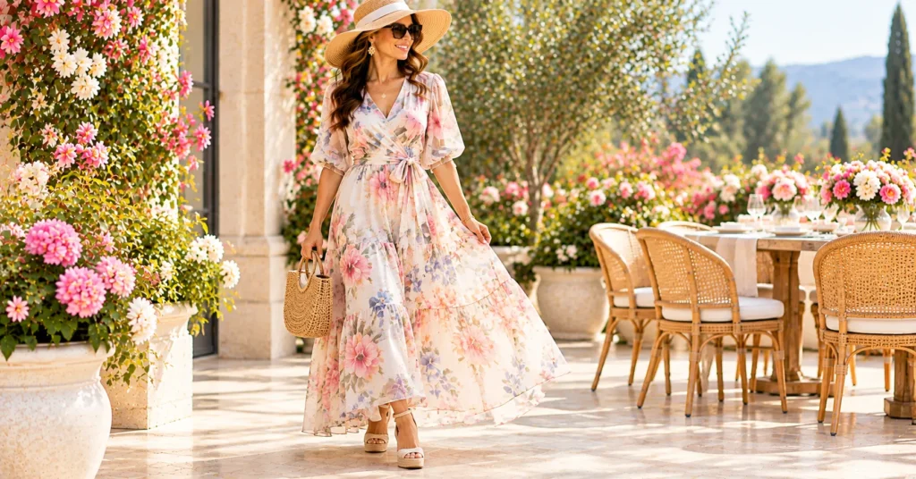 Mothers Day Outfits featuring a flowing floral maxi dress with espadrille wedges