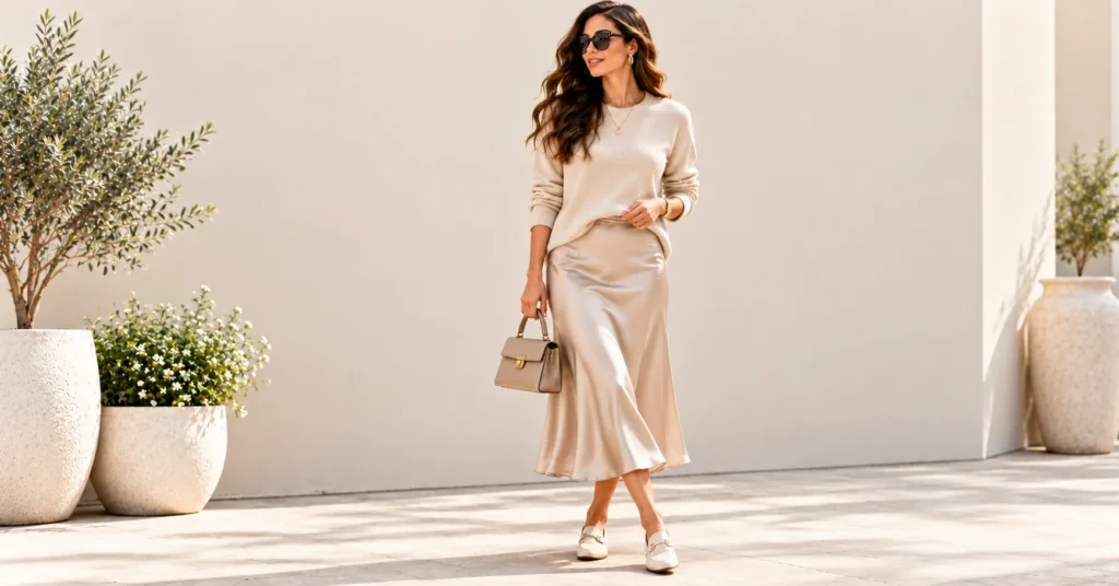12 Effortless Day Looks: The Ultimate Guide to Chic Everyday Style 5 Elegant Day Looks with a knit sweater and satin midi slip skirt