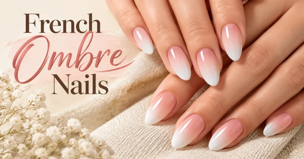 French Ombre Nails featuring a seamless pink-to-white gradient with a glossy almond-shaped finish