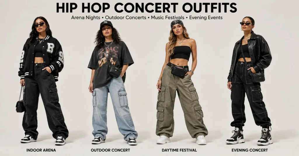 Hip Hop Concert Outfits: What to Wear for Style, Comfort, and Unforgettable Vibes 12 Hip Hop Concert Outfits for indoor outdoor daytime and evening concert occasions.