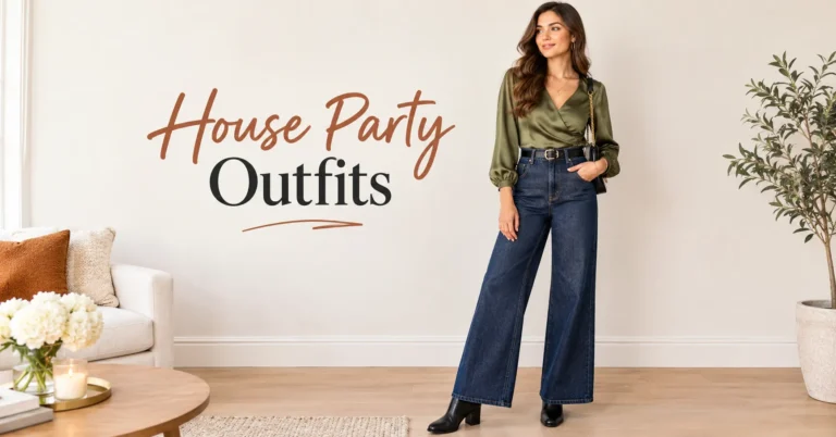 House Party Outfits featuring dark-wash jeans and an elegant statement top