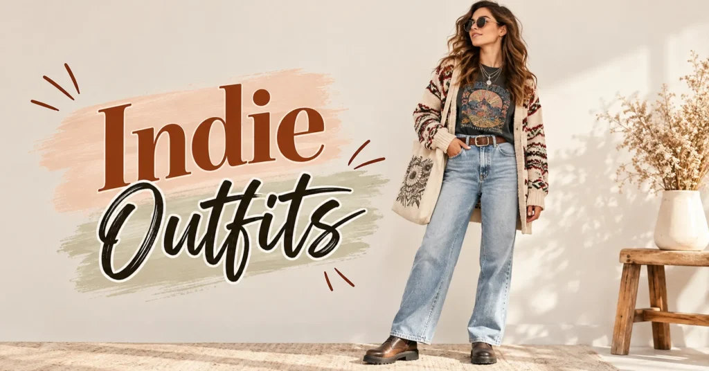 12 Stunning Indie Outfits That Will Instantly Transform Your Style 5 Indie Outfits featuring an eclectic vintage-inspired outfit with a graphic tee, jeans, cardigan, chunky boots, and tote bag.
