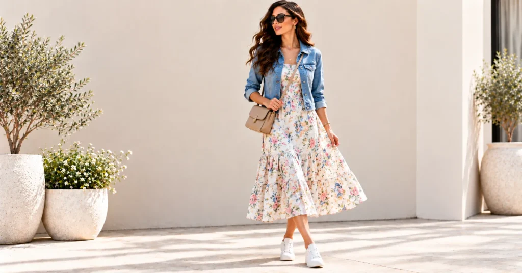 12 Effortless Day Looks: The Ultimate Guide to Chic Everyday Style 12 Romantic casual Day Looks with a denim jacket and floral midi dress