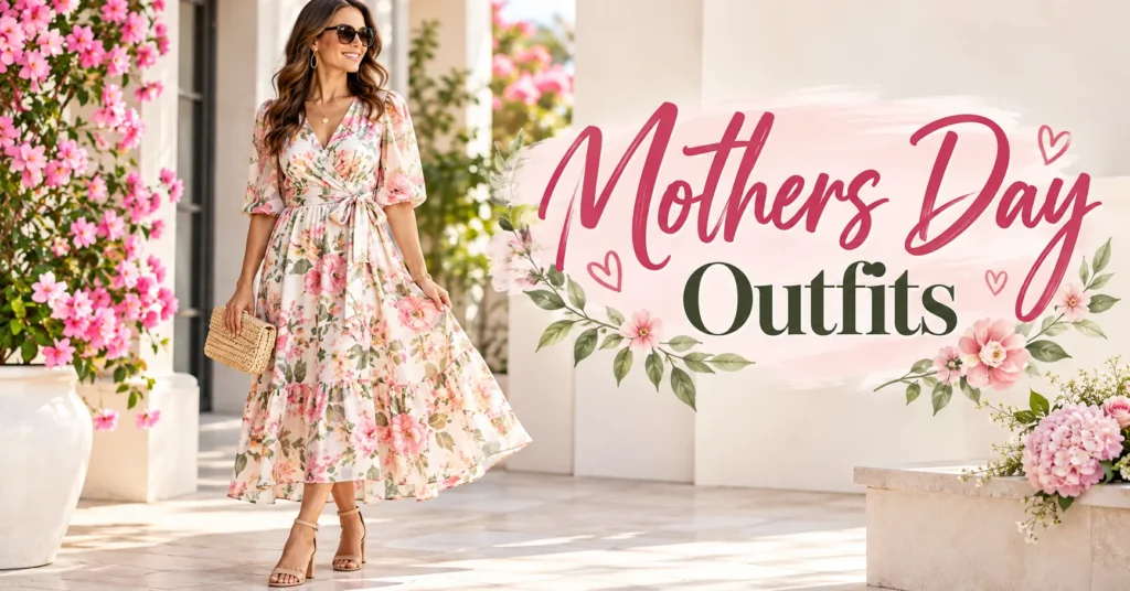 Mothers Day Outfits featuring an elegant floral midi dress with block heels and gold accessories