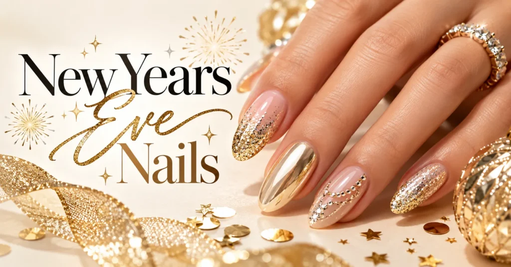 12 Dazzling New Years Eve Nails Ideas to Ring In the New Year in Style 7 New Years Eve Nails featuring gold glitter ombré, champagne chrome, and elegant crystal accents.