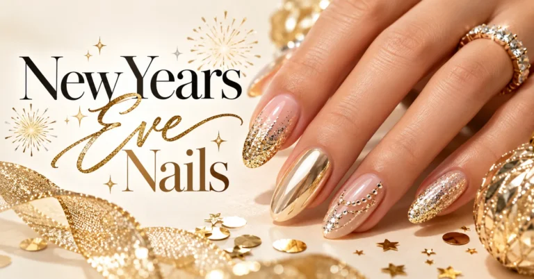 New Years Eve Nails featuring gold glitter ombré, champagne chrome, and elegant crystal accents.