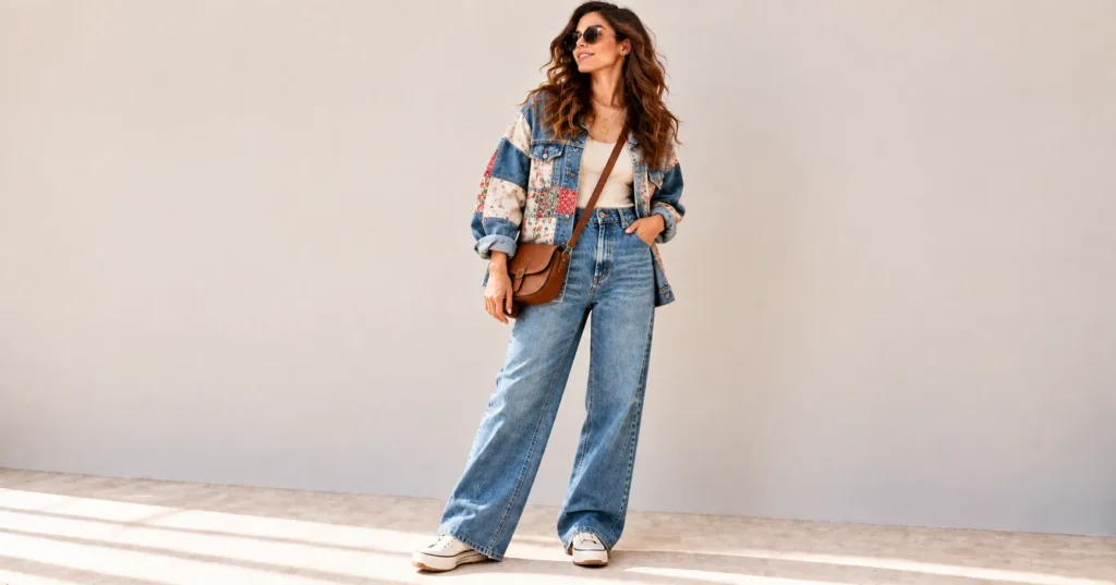 12 Stunning Indie Outfits That Will Instantly Transform Your Style 13 Indie Outfits patchwork jacket paired with wide leg jeans and platform sneakers.