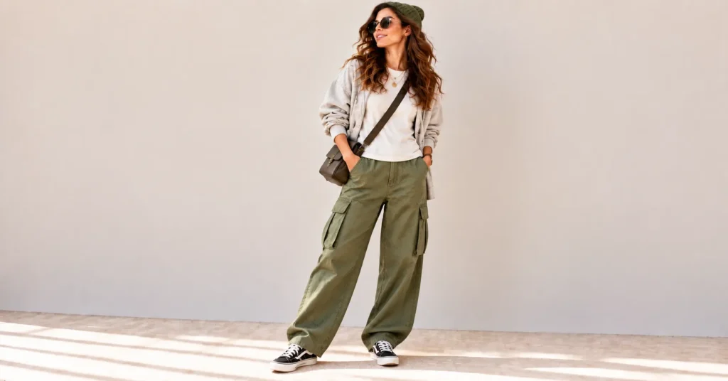 12 Stunning Indie Outfits That Will Instantly Transform Your Style 14 Indie Outfits skater-inspired baggy cargo pants look with sneakers, hoodie, beanie, and crossbody bag.