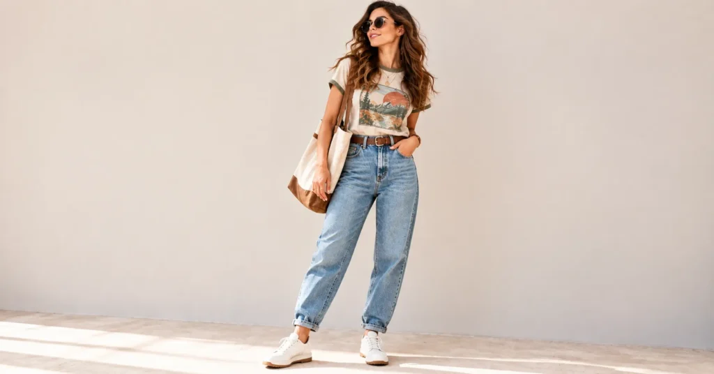 12 Stunning Indie Outfits That Will Instantly Transform Your Style 8 Indie Outfits featuring relaxed mom jeans, a graphic top, white sneakers, and a canvas tote.