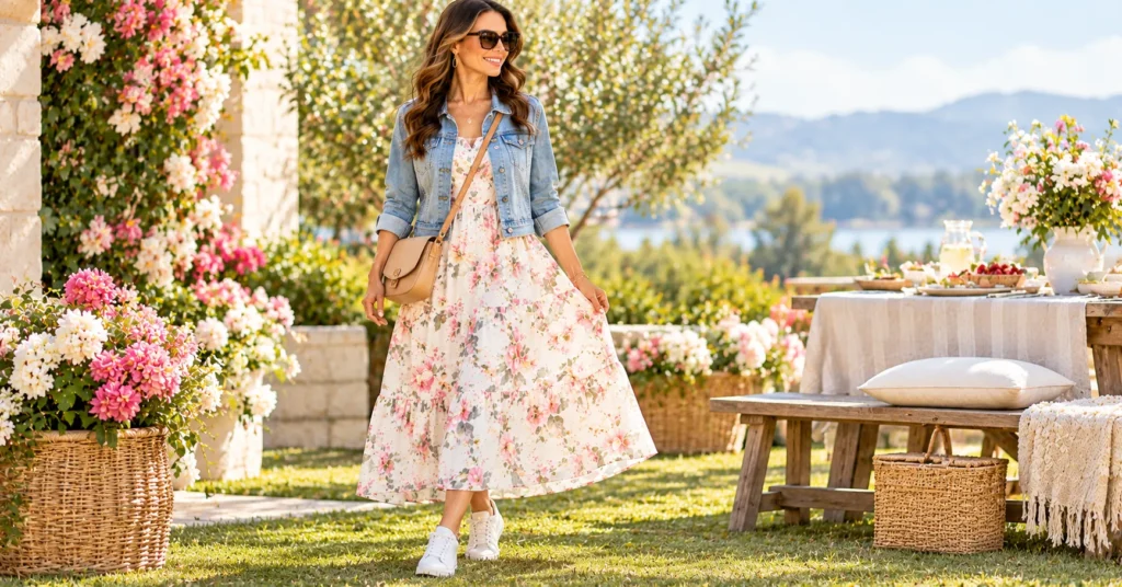 Mothers Day Outfits with a soft sundress, light denim jacket, and white sneakers