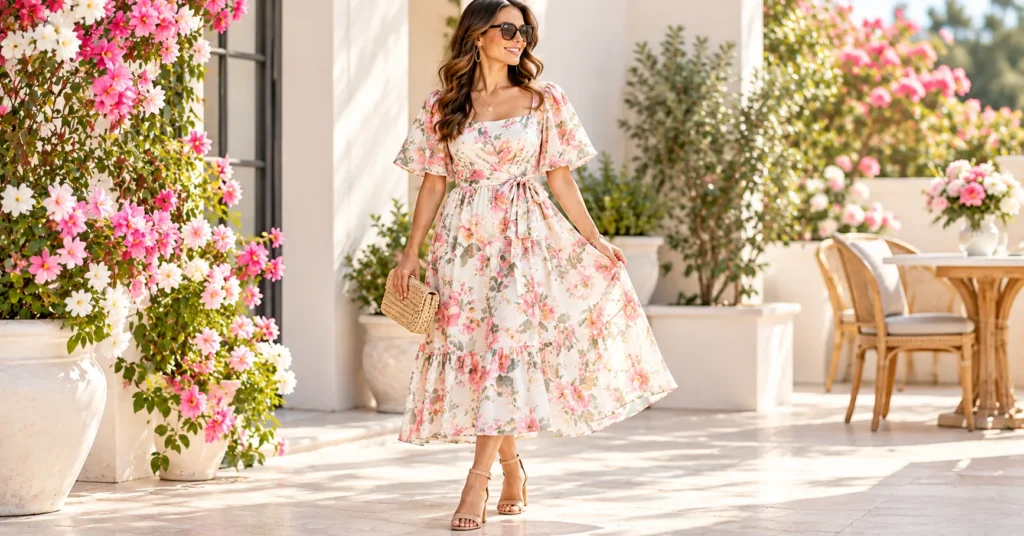 Mothers Day Outfits classic floral midi dress with nude block heels