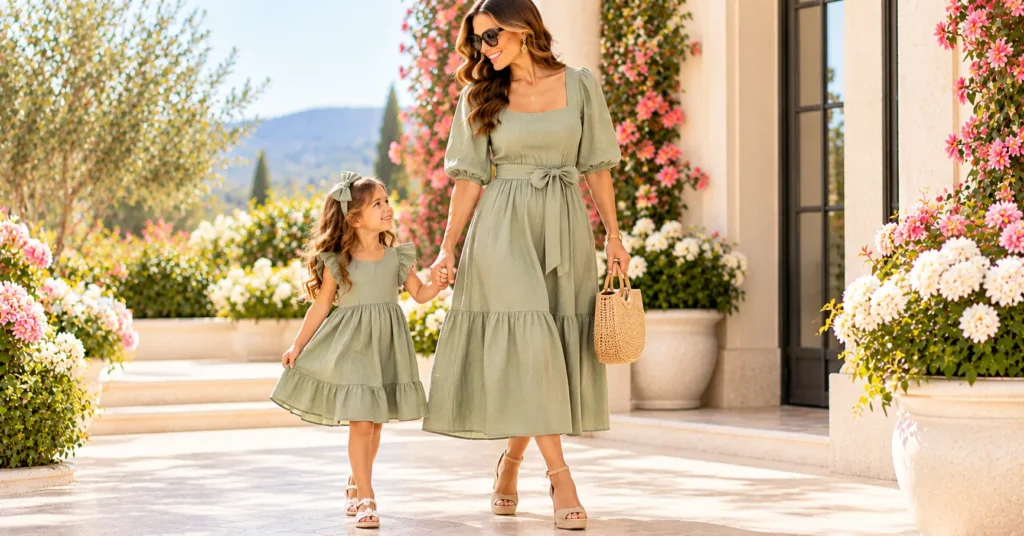Mothers Day Outfits with coordinated sage green mommy-and-me family looks