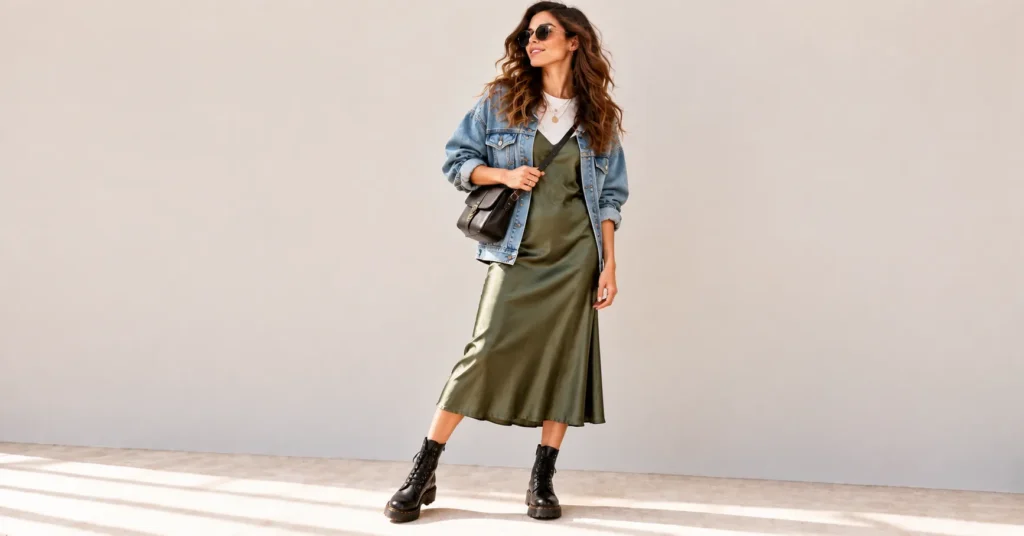 12 Stunning Indie Outfits That Will Instantly Transform Your Style 11 Indie Outfits slip dress layered over a white T-shirt with denim jacket and combat boots.