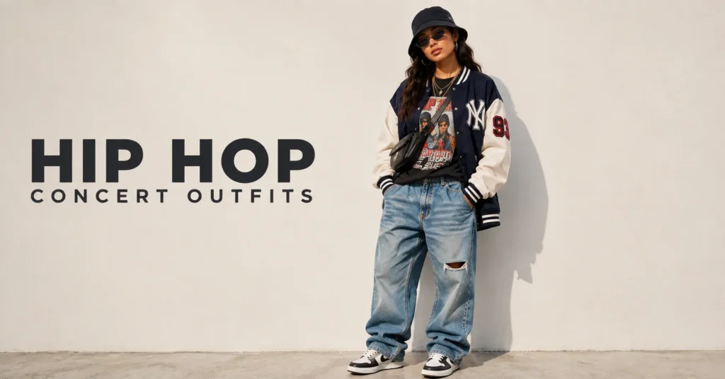 Hip Hop Concert Outfits: What to Wear for Style, Comfort, and Unforgettable Vibes 6 Vintage Hip Hop Concert Outfits with retro denim and varsity jacket styling.