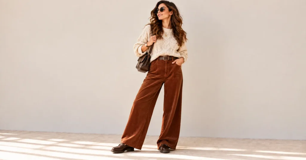 12 Stunning Indie Outfits That Will Instantly Transform Your Style 10 Indie Outfits with wide leg corduroy pants, chunky knit sweater, and leather loafers.