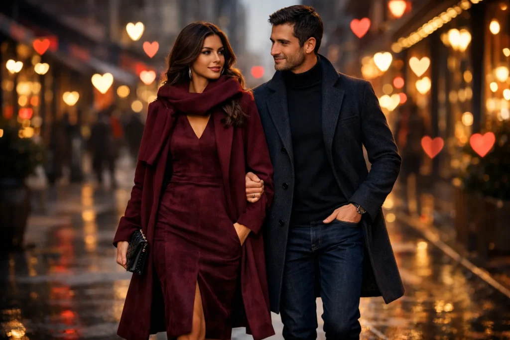 Stylish couple wearing modern Valentine’s Day outfits in a romantic city setting, showcasing fashion trends.