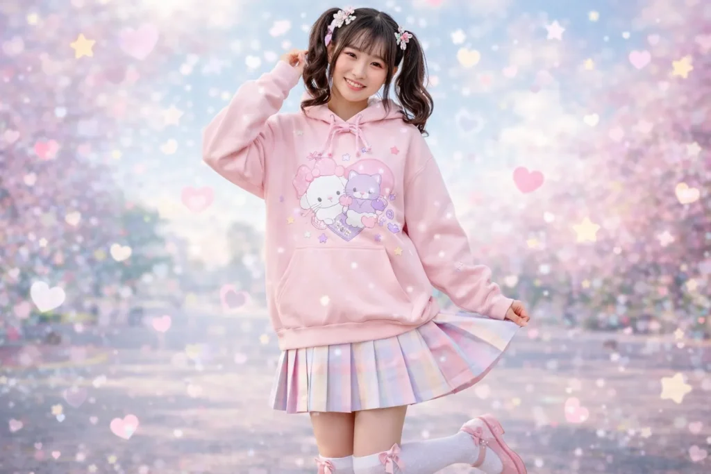 Kawaii outfit featuring pastel hoodie, pleated skirt, and cute accessories in Harajuku-inspired style