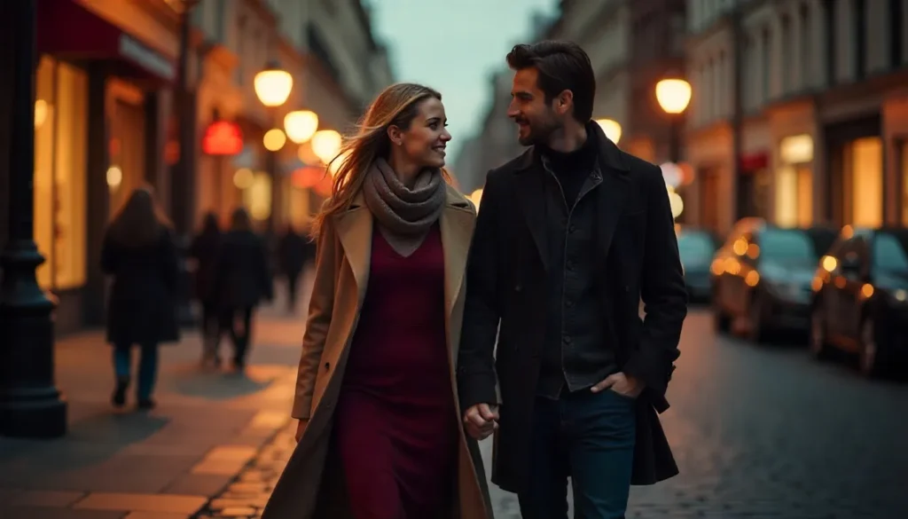 Stylish couple wearing modern Valentine’s Day outfits in a romantic city setting, showcasing fashion trends.