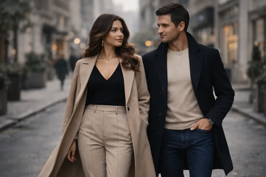 Modern couple wearing coordinated outfits in neutral tones, showcasing stylish matching fashion.