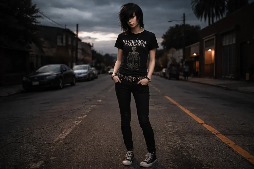 Classic emo outfit with black skinny jeans, band t-shirt, and side-swept bangs in a moody urban setting.