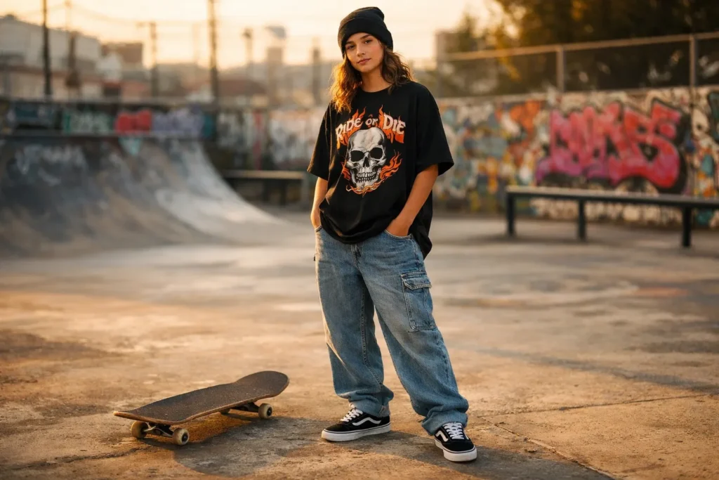 Skater girl outfit featuring oversized graphic tee, baggy jeans, Vans sneakers, and beanie at an urban skate park