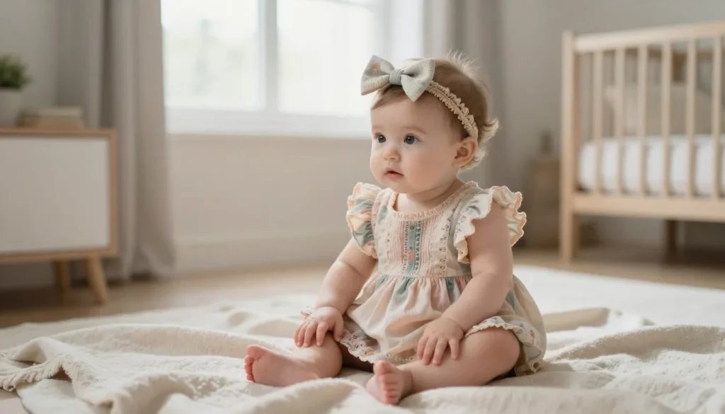 Baby girl wearing a stylish pastel outfit with bow headband in a modern nursery