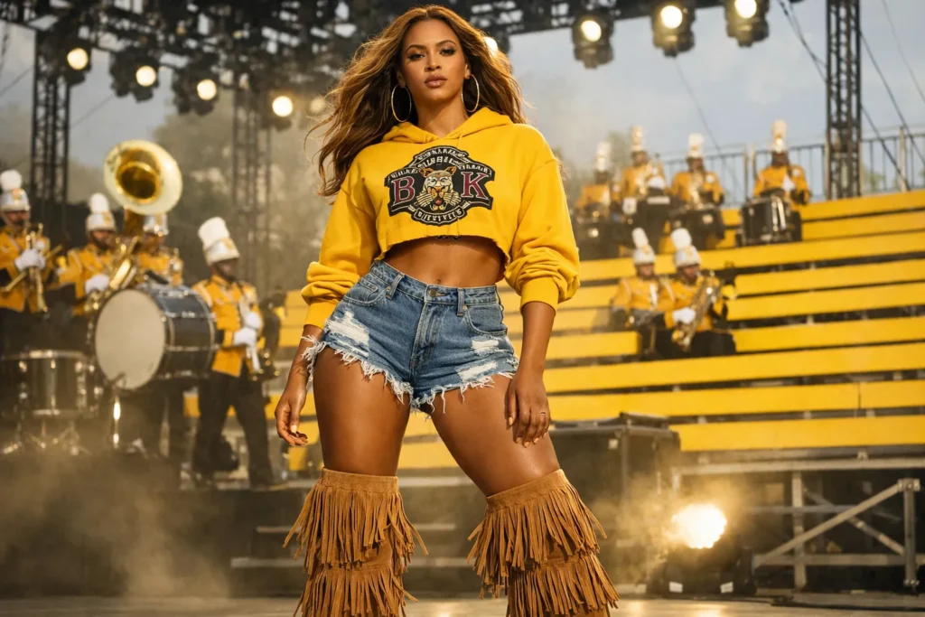 Beychella outfit inspired by Beyoncé’s iconic yellow hoodie and denim shorts look