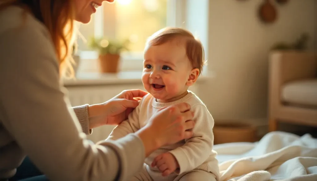 Parent dressing baby girl in a cozy outfit at home