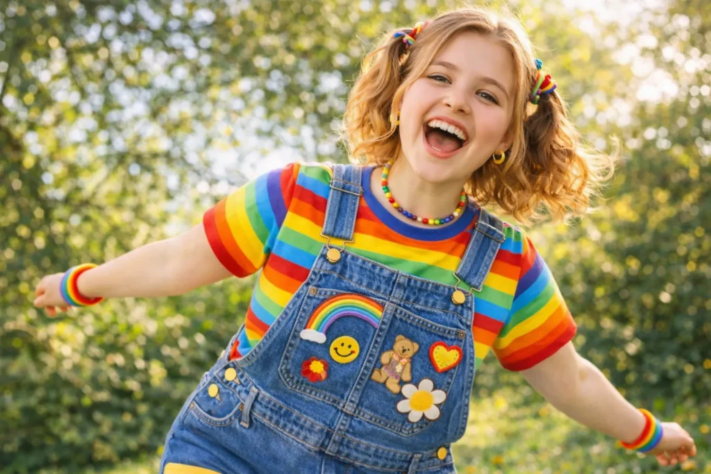 Joyful kidcore fashion look celebrating playful self-expression