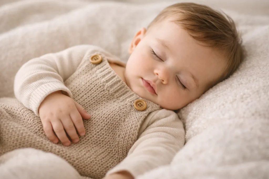 Baby boy sleeping comfortably in soft organic cotton clothing