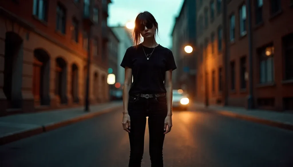 Classic emo outfit with black skinny jeans, band t-shirt, and side-swept bangs in a moody urban setting.