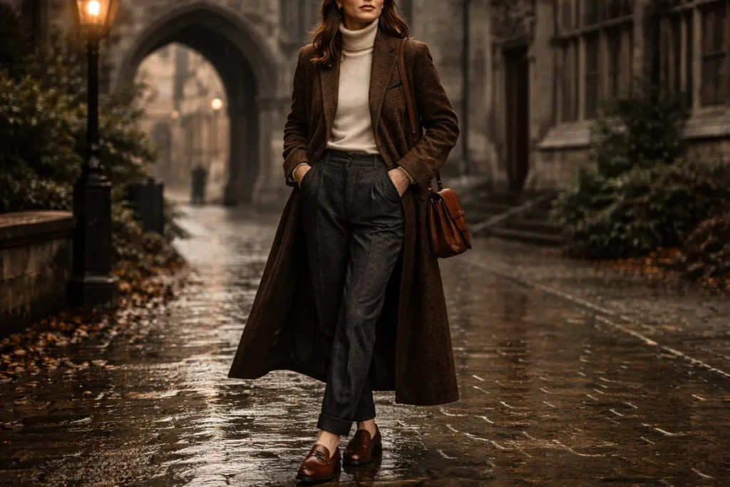 Dark academia outfit featuring tweed blazer, turtleneck, and wool trousers in a moody gothic library setting