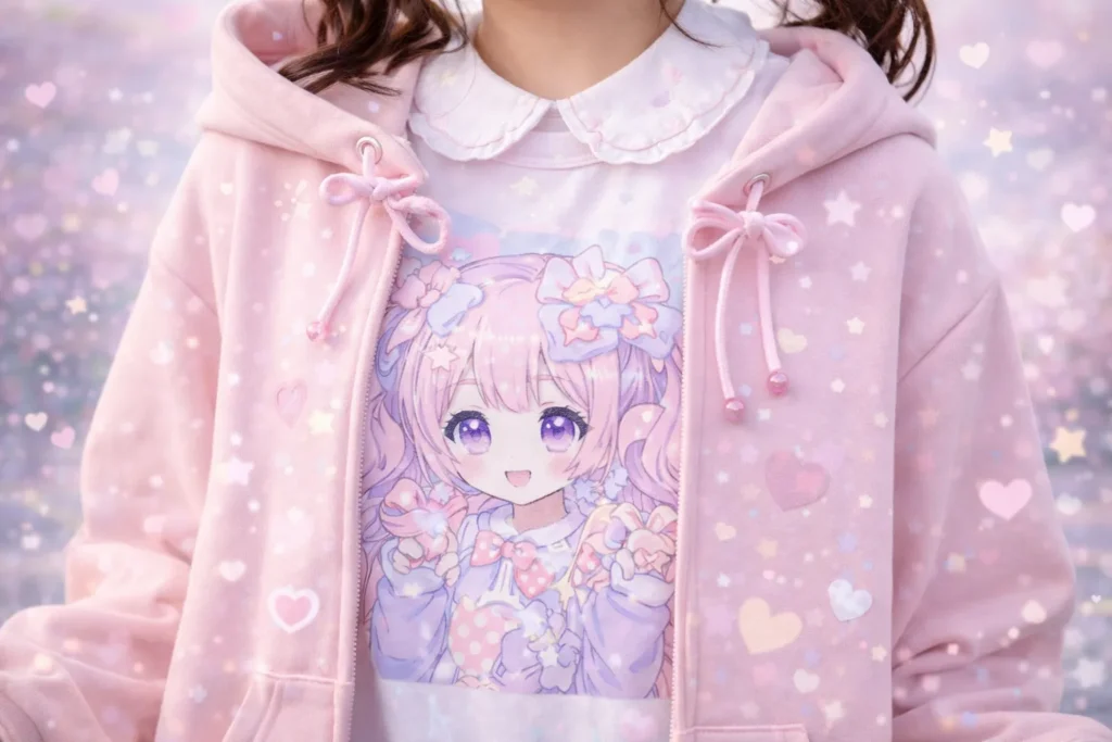 Kawaii outfit tops including oversized hoodie and Peter Pan collar blouse