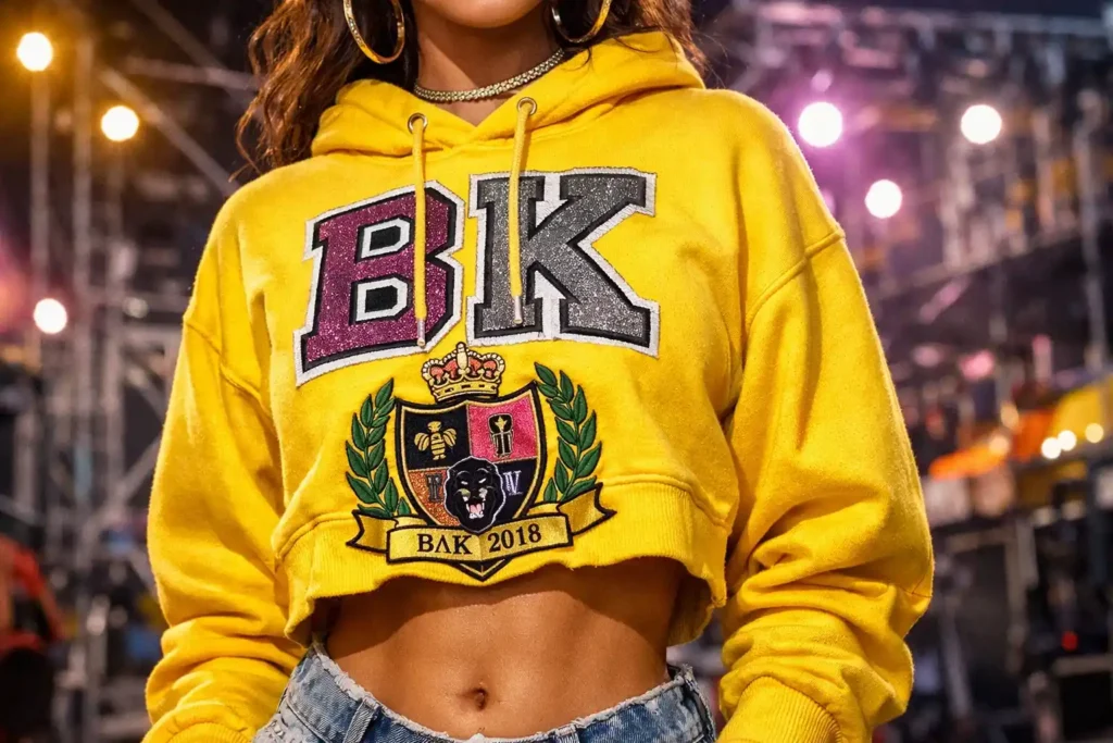 Beychella outfit yellow hoodie with varsity crest and cropped fit