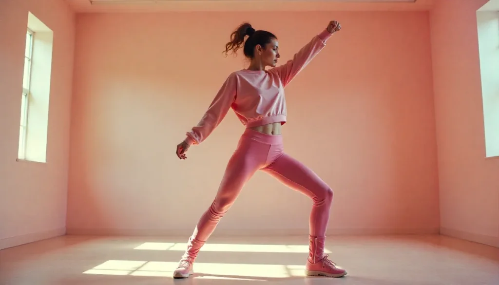 Vintage 1980s aerobics outfit featuring classic stirrup leggings and leg warmers.